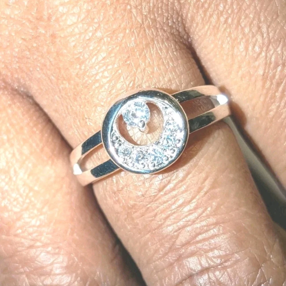 Luxury High Quality Unisex 925 Sterling Silver Crystal Crescent Moon Ring sz 8